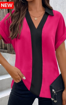 Hot Pink Patchwork Short Sleeve V Neck Blouse