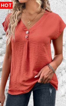 Coral Button Short Sleeve V Neck Blouse