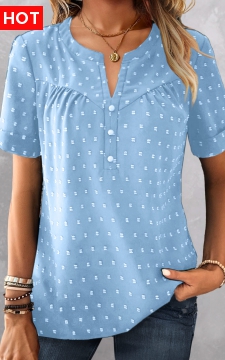 Sky Blue Button Short Sleeve Split Neck Blouse