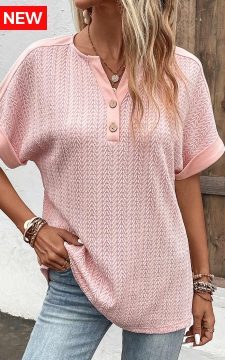 Dusty Pink Button Short Sleeve Split Neck Blouse