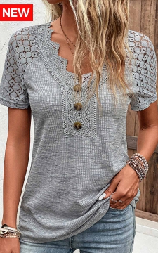 Grey Lace Short Sleeve V Neck T Shirt