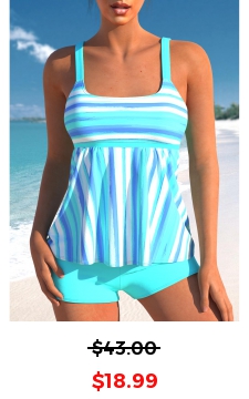 Striped Cyan Wide Strap Tankini Top