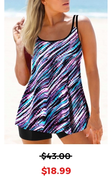 Contrast Binding Multi Stripe Print Purple Tankini Top