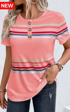 Pink Striped Short Sleeve Round Neck T Shirt