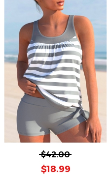Striped Mesh Wide Strap Light Grey Tankini Top