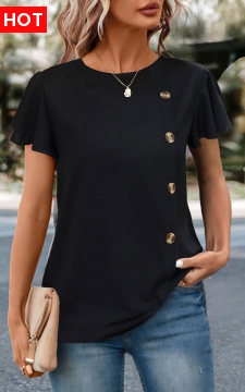 Black Button Short Sleeve Round Neck T Shirt