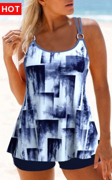 Metal Ring Geometric Print Navy Tankini Top