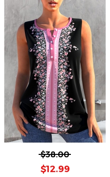 Floral Print Split Neck Black Tank Top