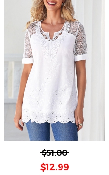White Split Neck Lace Stitching Blouse