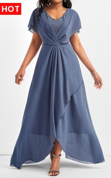 Dusty Blue Lace Short Sleeve Maxi Dress