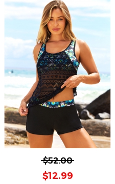 Lace Stitching Tribal Print Black Tankini Set