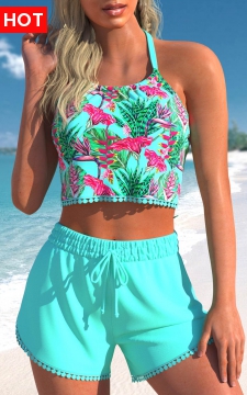 Tassel High Waisted Floral Print Cyan Bikini Set