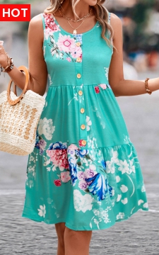 Mint Green Button Floral Print Short Sleeveless Dress