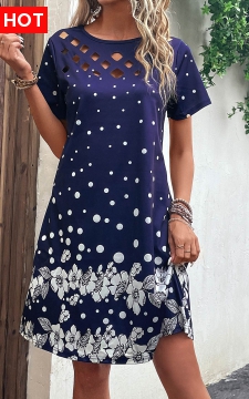 Navy Cut Out Floral Print H Shape Dress