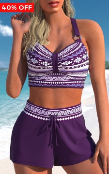 Metal Ring Tribal Print Purple Bikini Top