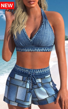 Tie High Waisted Denim Blue Bikini Set