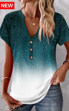 Turquoise Button Ombre Short Sleeve V Neck Blouse