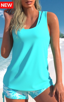 Three-piece High Waisted Leaf Print Cyan Tankini Set