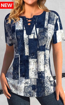 Navy Lace Up Geometric Print Short Sleeve Blouse