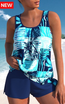 Tie High Waisted Tropical Plants Print Tankini Set