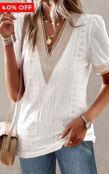 White Patchwork Short Sleeve V Neck T Shirt