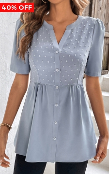 Dusty Blue Patchwork Short Sleeve Split Neck Blouse
