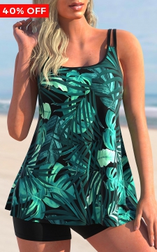 Tropical Print Green Wide Strap Tankini Top