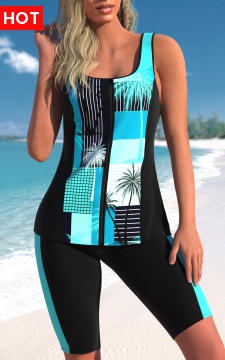 Zipper Tropical Plants Print Cyan Tankini Top