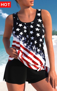 Black Bowknot Mid Waisted American Flag Print Tankini Set