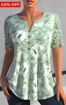 Sage Green Lace Floral Print Short Sleeve Blouse