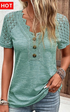 Green Lace Short Sleeve V Neck T Shirt