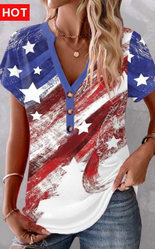 Multi Color Button Flag Print T Shirt