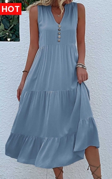 Dusty Blue Button A Line Sleeveless Dress