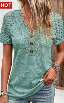 Green Lace Short Sleeve V Neck T Shirt