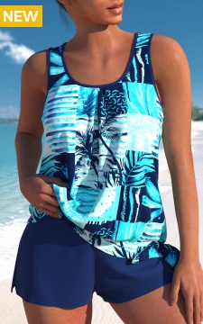Tie High Waisted Tropical Plants Print Tankini Set