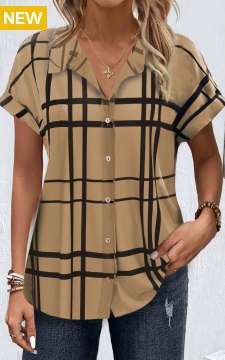 Dark Coffee Button Plaid Short Sleeve Blouse