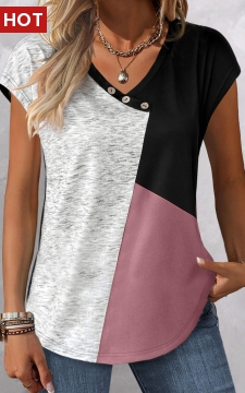 Pink Patchwork Short Sleeve V Neck T Shirt