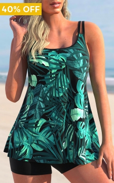 Tropical Print Green Wide Strap Tankini Top