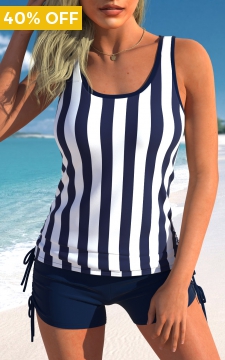Drawstring Striped Navy Wide Strap Tankini Top