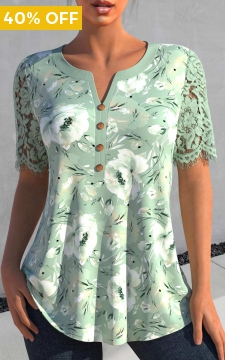 Sage Green Lace Floral Print Short Sleeve Blouse