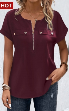 Dark Reddish Purple Zipper Short Sleeve Blouse