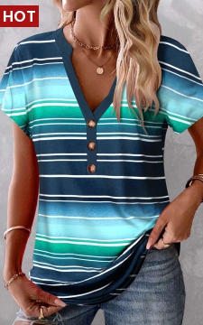 Peacock Blue Button Striped Short Sleeve T Shirt
