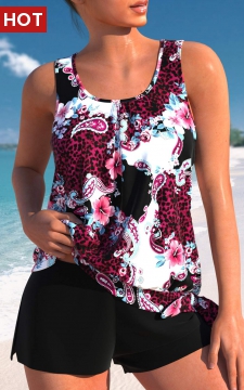 Bowknot Mid Waisted Floral Print Black Tankini Set