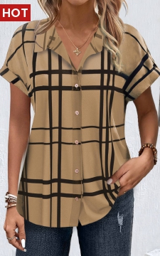 Dark Coffee Button Plaid Short Sleeve Blouse