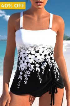 Drawstring Floral Print Black Tankini Top
