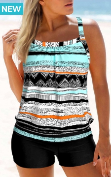Criss Cross Geometric Print Multi Color Tankini Top