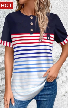 Multi Color Button Striped Short Sleeve Blouse