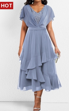 Dusty Blue Asymmetry Short Sleeve V Neck Dress