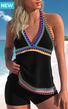 Patchwork Tribal Print Black Tankini Top
