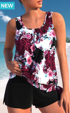 Bowknot Mid Waisted Floral Print Black Tankini Set
